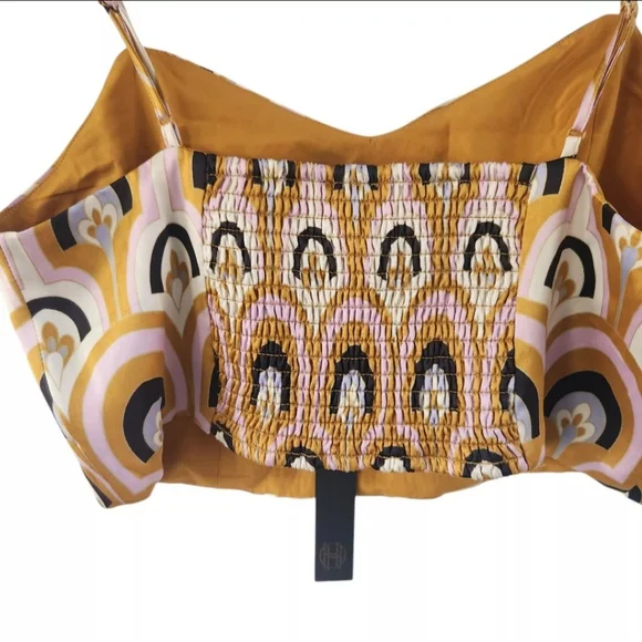 House Of Harlow 1960 Art Deco Printed Crop Top Gold Pink Satin Size L NEW - Picture 4 of 7